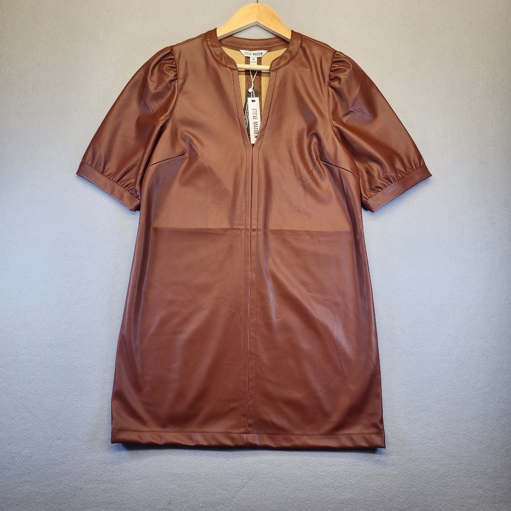 NWT Steve Madden Cognac Faux Leather Puffed Sleeve Mini Dress Shift Retro Boho M
